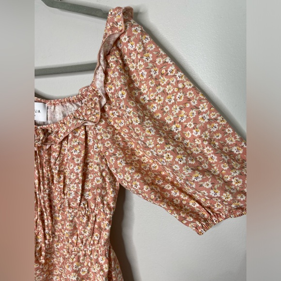 Emelia Floral Linen Rayon Cottagecore Milkmaid Bubble Sleeves Blouse M - Picture 2 of 8